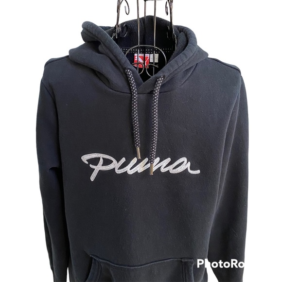 Puma Fleece Lined Embroidered Script Logo Black Kangaroo Pocket Hoodie Size M - Picture 2 of 9